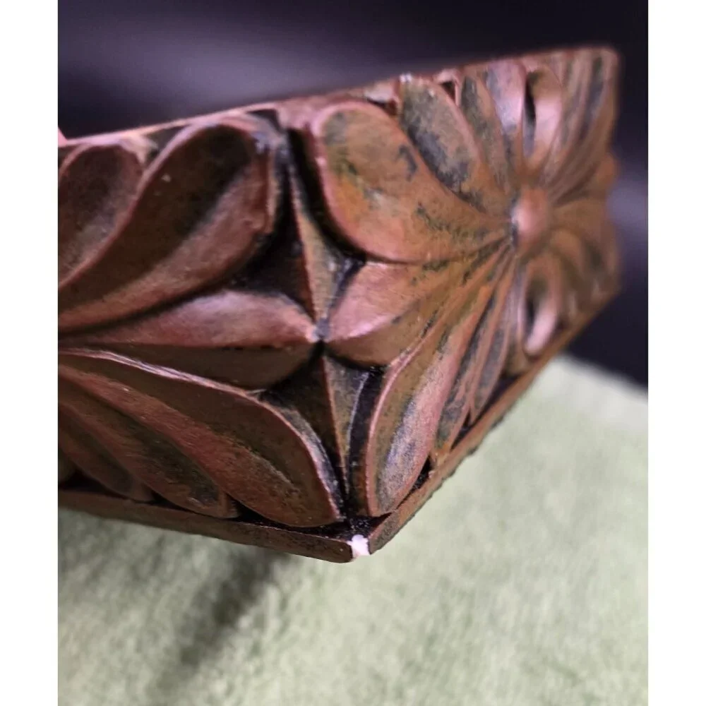 Jewelry Trinket Box With Floral Design Brown Finish 4 x 4